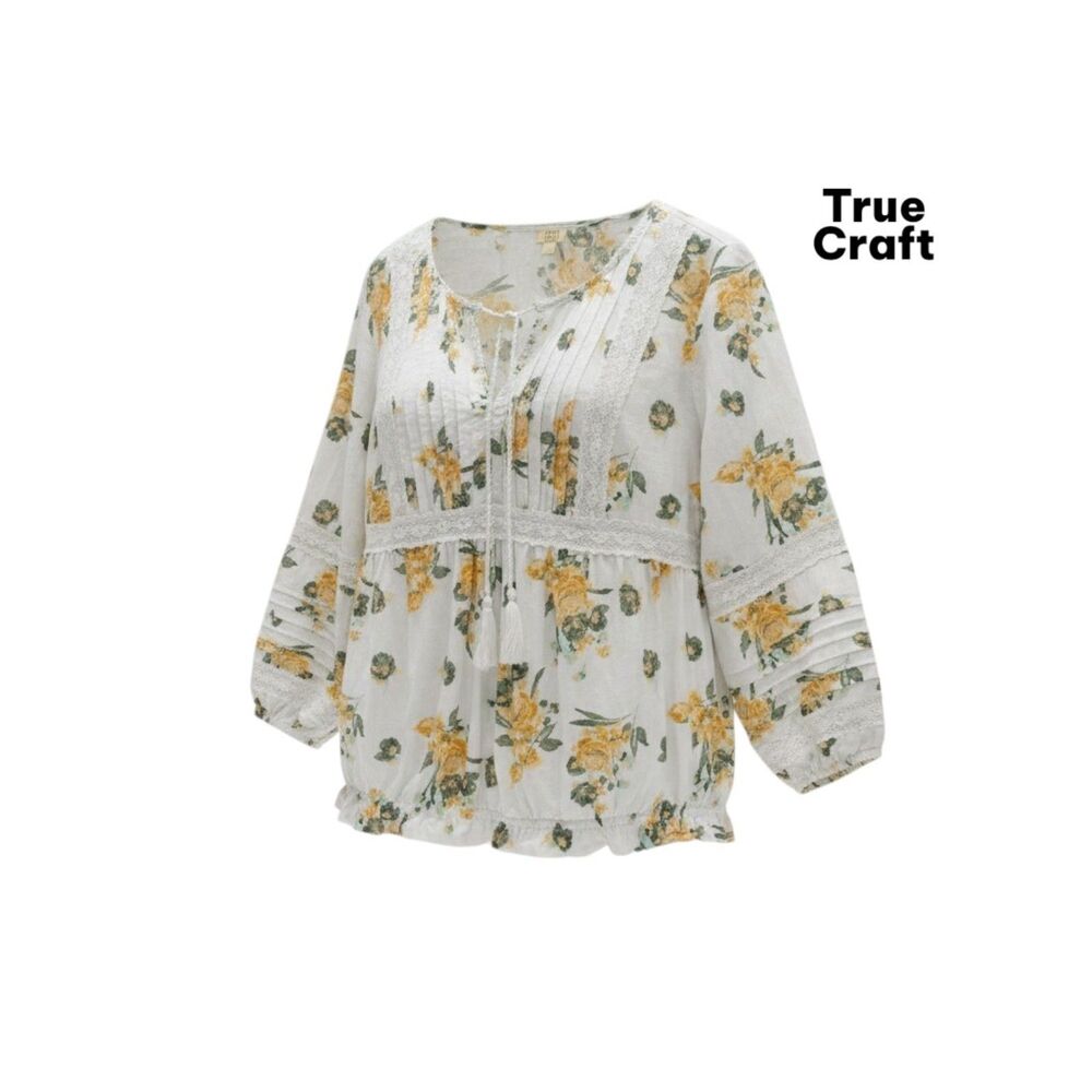 True Craft Floral Peasant Blouse XL White Yellow Boho Lace Trim Cotton